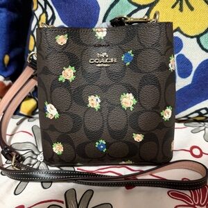 Coach Brown Floral Signature Crossbody with Pink Strap